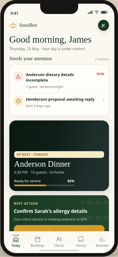 SousBee app showing today's schedule, next service details, and items needing attention